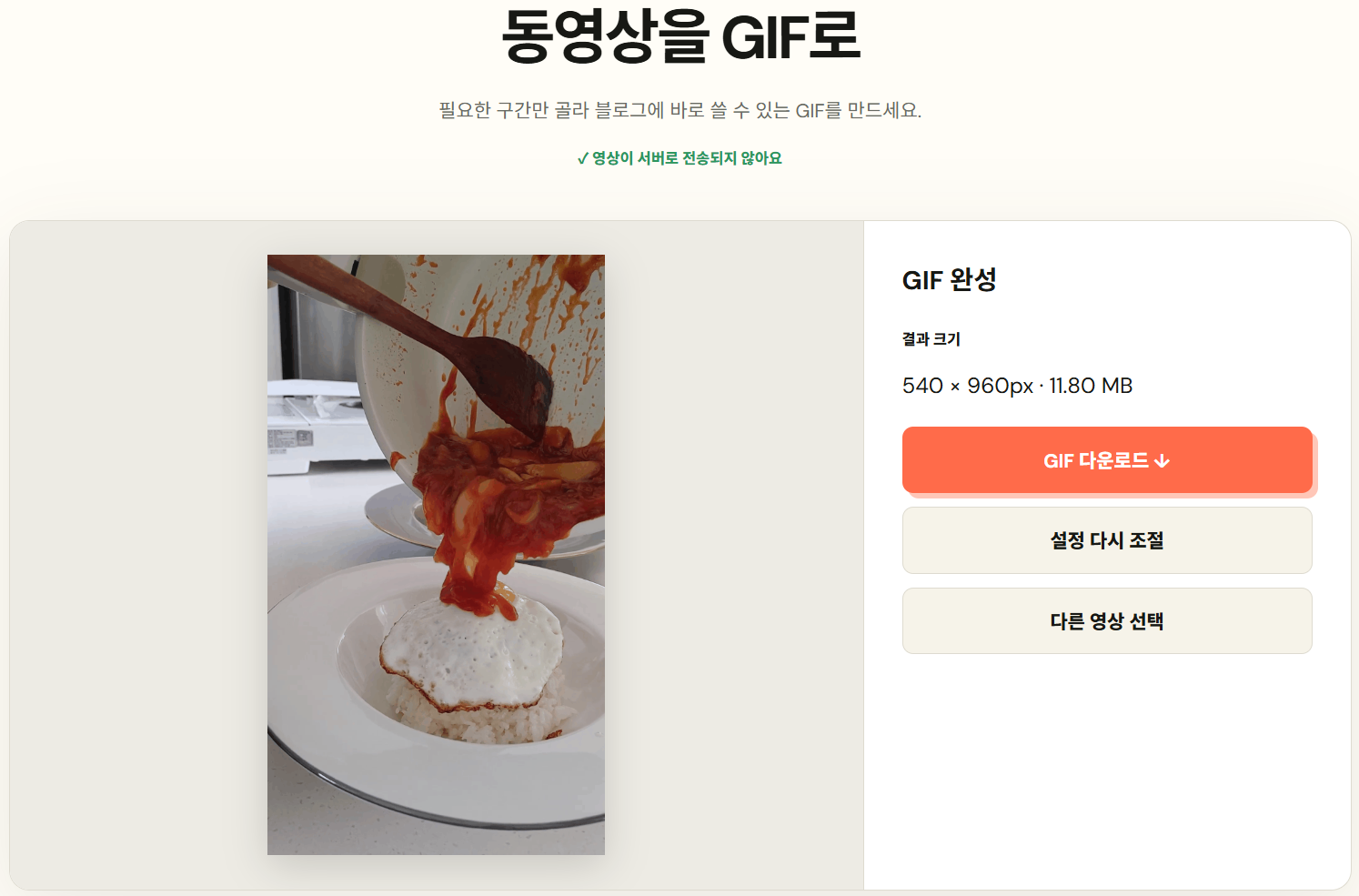 20 FPS GIF 변환 결과가 540 곱하기 960픽셀과 11.81메가바이트로 표시된 화면